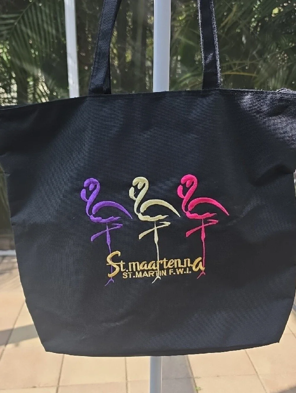ST. MAARTEN Flamingo Embroidered Black Tote Bag